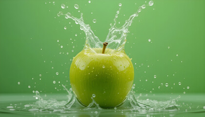 Water splashing on Fresh green apple on Green background