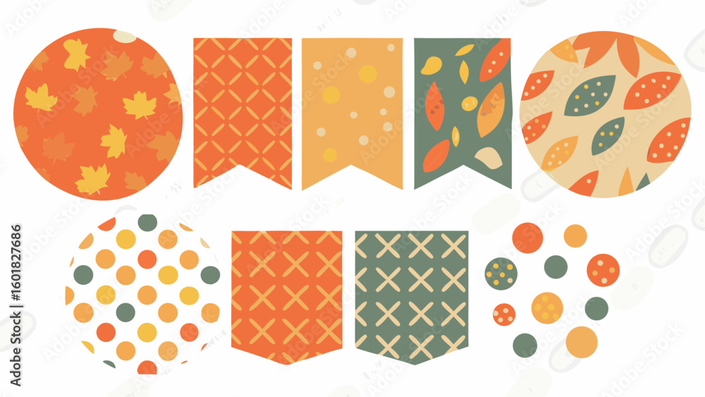 Poster illustration of autumn themed circles and flags with leaves dots and geometric patterns design set s