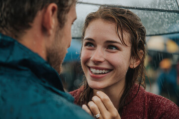 A loving couple sharing a tender moment in the rain. Their smiles and shared intimacy show the warmth of their relationship