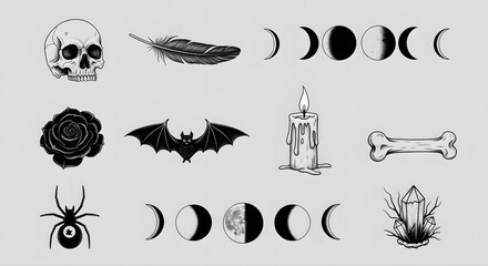 Elegant 3x3 Halloween object layout featuring black and white elements in a gothic-inspired aesthetic. Monochrome look is perfect for sophisticated seasonal branding and moody visual design.