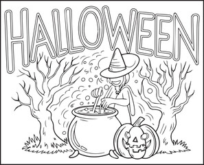 Halloween coloring page with spooky elements and hand-drawn doodle vector outline illustration
