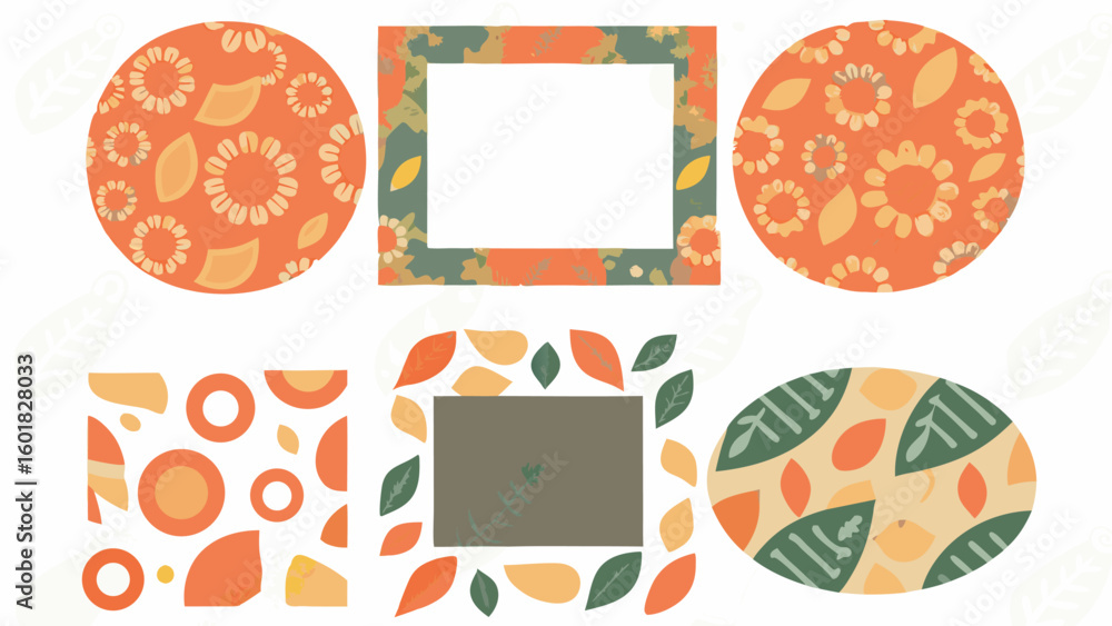 Poster collection of floral and leaf themed designs including circles squares and rectangles with patterns 
