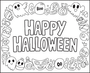 Halloween coloring page with spooky elements and hand-drawn doodle vector outline illustration