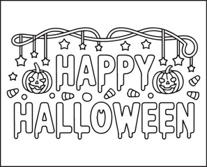 Halloween coloring page with spooky elements and hand-drawn doodle vector outline illustration