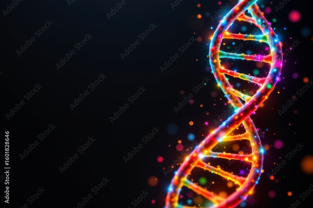 Poster vibrant double helix structure with sparkling light spheres