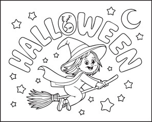 Halloween coloring page with spooky elements and hand-drawn doodle vector outline illustration