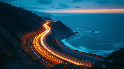 Coastal highway at dusk illuminated by streaking car headlights and taillights