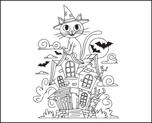 Halloween coloring page with spooky elements and hand-drawn doodle vector outline illustration