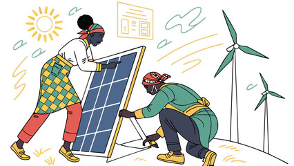 Two African women installing solar panel; sustainable energy, renewable power, clean technology, bright cheerful illustration, vibrant colors, African design,  wind turbines background.