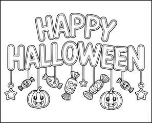 Halloween coloring page with spooky elements and hand-drawn doodle vector outline illustration