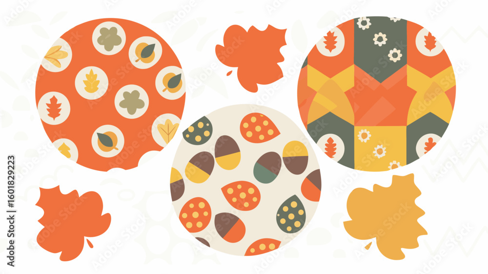 Poster three circles with autumn themed patterns and four loose leaves arranged on a white background desig