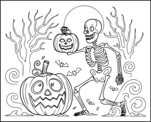 Halloween coloring page with spooky elements and hand-drawn doodle vector outline illustration