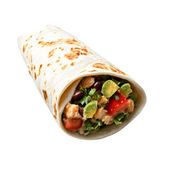 Fresh And Colorful Burrito With Chicken, Avocado, Beans And Tomato. Isolated On White Background. Tasty And Healthy Meal.