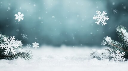 Naklejka premium Snowflakes and snow covered pine branches against a soft blue blurred background