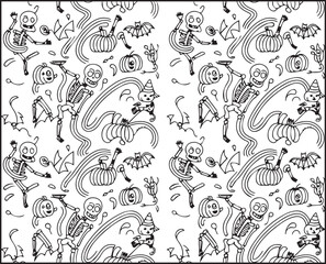 Halloween coloring page with spooky elements and hand-drawn doodle vector outline illustration