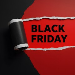 Black Friday, a black torn paper revealing the BLACK FRIDAY in bold black letters on a red background. Top view of Black torn paper and the text black friday on a red background