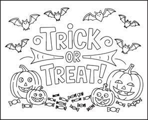 Halloween coloring page with spooky elements and hand-drawn doodle vector outline illustration