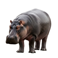 Fototapeta premium A detailed full-body photograph of a large hippopotamus standing, isolated on transparent background.