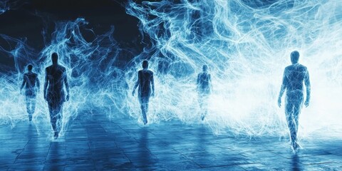 A futuristic vision of people moving through liquid-like space, their forms dissolving