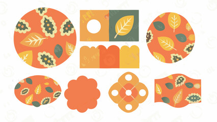 Autumnal shapes and patterns featuring leaves flowers and geometric designs in orange yellow and green hues silhouette