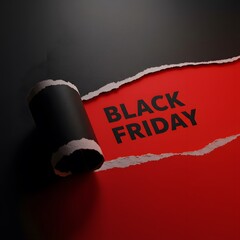 a black torn paper revealing the BLACK FRIDAY in bold black letters on a red background. Top view of Black torn paper and the text black Friday on a red background, Black Friday.