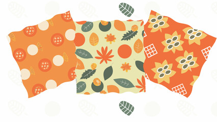 Fototapeta premium Three patterned squares with floral and geometric designs in autumn colors on a white background view silhouette