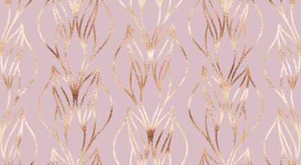 Elegant art deco floral seamless pattern with gold leaves tiles.