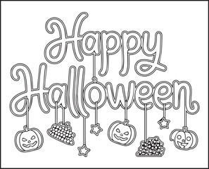 Halloween coloring page with spooky elements and hand-drawn doodle vector outline illustration