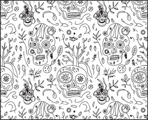 Halloween coloring page with spooky elements and hand-drawn doodle vector outline illustration