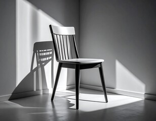 An empty chair with long shadow reflects absence, but light on it suggests return.