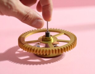 Tiny craftsman repairing giant clockgear with miniature tools