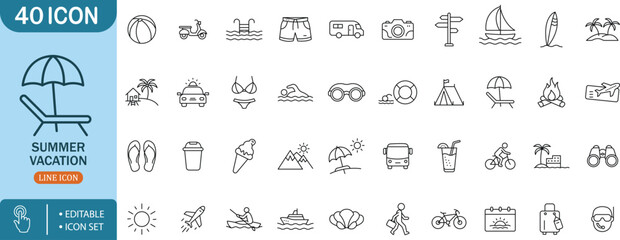Summer Vacation Line Icon Set, Beach, Travel, Holiday, Adventure, Sun, Relaxation, Tourismsummer, vacation, travel, holiday, beach, sun, tourism, adventure, island, resort, ocean, swimming, bikini, 
