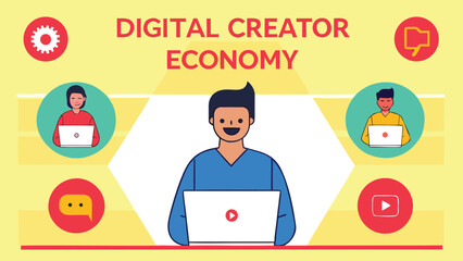 Smiling digital creator working on laptop, vibrant flat design, positive and optimistic mood, illustrating online content creation, digital economy, social media engagement, and freelance work.