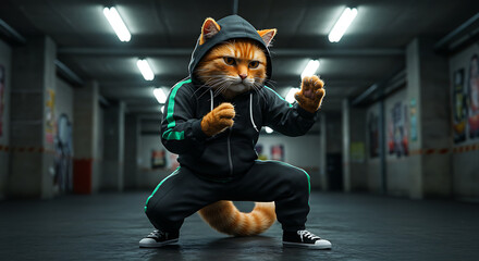 A tough ginger cat in a black tracksuit strikes a fighting pose in an underground garage.