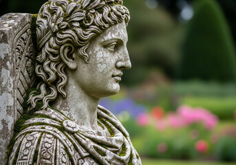Close up of stone statue in garden art sculpture with flowers and greenery in the background view art