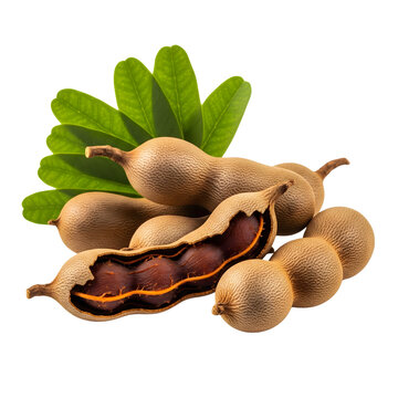 A pile of fresh tamarind fruit pods with green leaves, one open to show the pulp, isolated on transparent background.