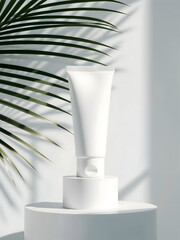 Beauty product cream tube on white podium. Cosmetic skin care product.
