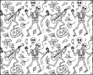 Halloween coloring page with spooky elements and hand-drawn doodle vector outline illustration