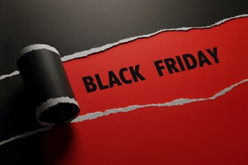 a black torn paper revealing the BLACK FRIDAY in bold black letters on a red background. Black Friday composition. Top view of Black torn paper and the text black Friday on a red background. 
