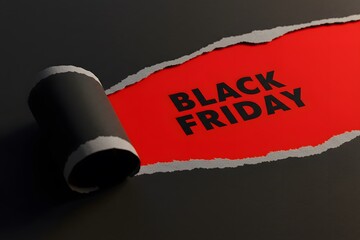 a black torn paper revealing the BLACK FRIDAY in bold black letters on a red background. Top view of Black torn paper and the text black Friday on a red background, Black Friday.