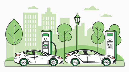 Eco-Friendly Electric Vehicle Charging Stations in Modern City Park: Clean Energy, Sustainable Transportation, Urban Landscape, Line Art Illustration, Green and White Color Scheme, Positive Mood.