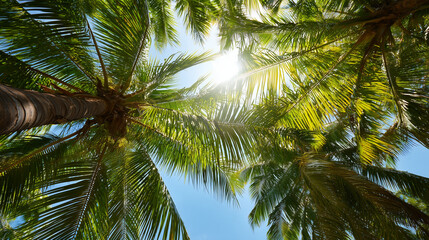Fototapeta premium Looking Up Through Tropical Palm Leaves Towards A Bright Sunlit Sky On A Clear Day