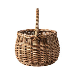A traditional empty wicker basket with a sturdy handle, handcrafted from natural rattan, isolated on transparent background.
