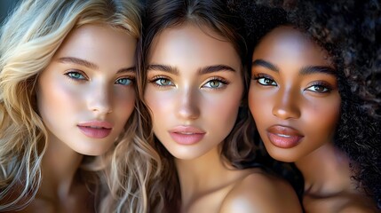 Three diverse women with stunning features and radiant skin, united in beauty.