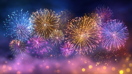 Layered festive fireworks display: intricate golden bursts, cyan radial patterns, star magenta sparks on purple-blue gradient backdrop, glowing orbs, fog effect for corporate branding header.
