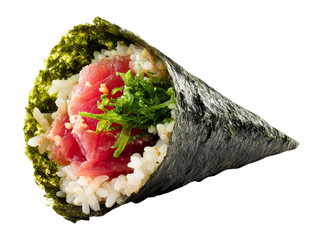 Delicious tuna temaki sushi roll with rice and seaweed wrapped around fresh tuna and green seaweed topping isolated on transparent background