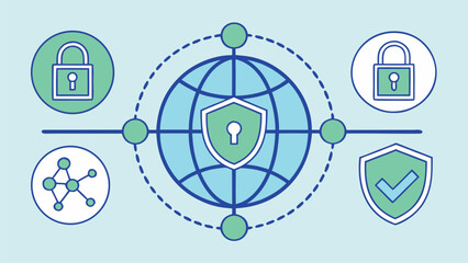 Global Cybersecurity Network:  Secure Data Protection,  Modern Line Art Style,  Peaceful and Trustworthy Mood,  Illustrative Concept for Online Security,  Privacy and Data Encryption.
