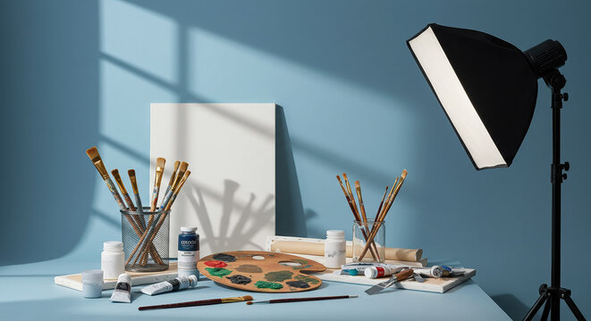 Art studio setup with paintbrushes and canvas