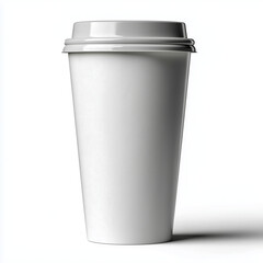 Isolated white paper coffee cup with gray lid sitting on a white surface in a studio setting view