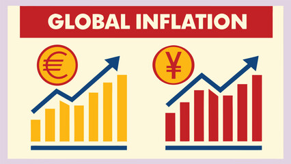 Global Inflation: Euro and Yen Currency Rising Costs, Illustrated Bar Graph Showing Economic Growth and Increasing Prices, Flat Design, Informative and Serious Mood.